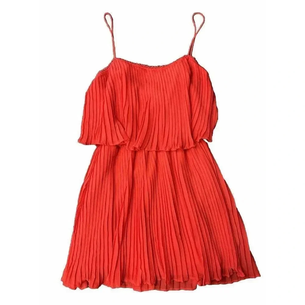 Zara Red Pleated Spaghetti Strap Lightweight Pullover Dress Size S